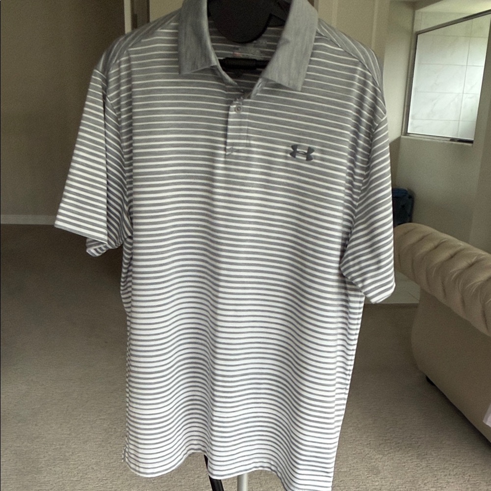 Under Armour Men's White and Gray Striped Polo